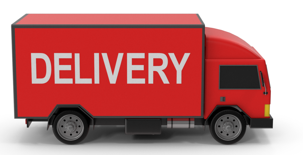 Side view of red delivery truck