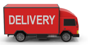 Side view of red delivery truck