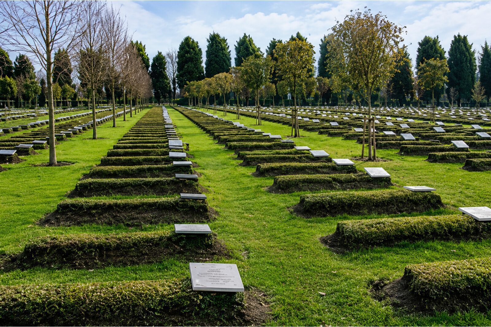 Rows of graves in a green cemetery
